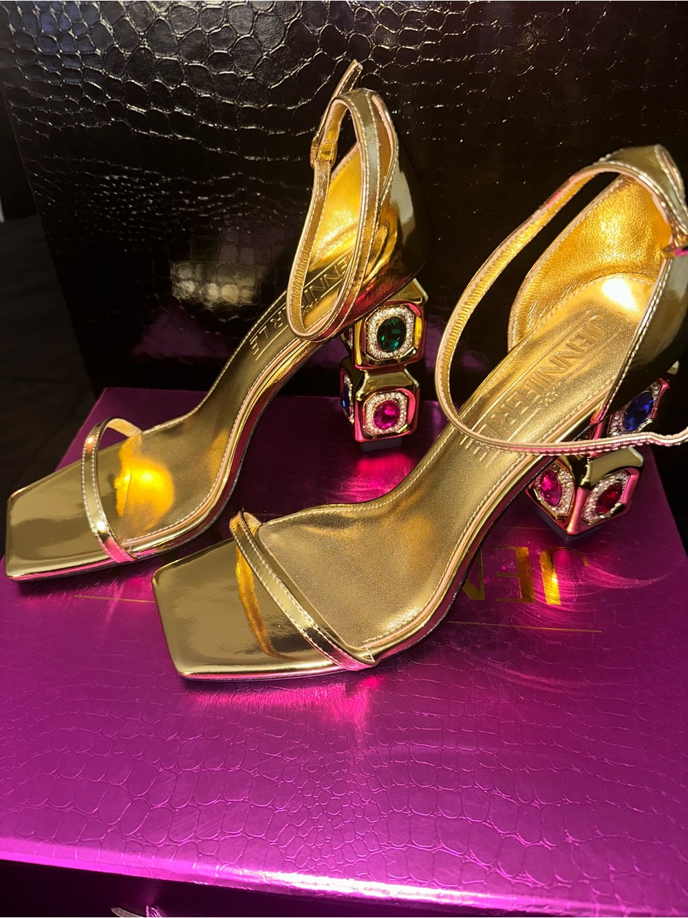 Jennifer Le Gold Gem Block Heel Sandals